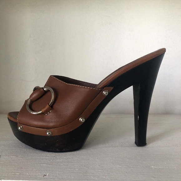 Gucci Leather Platform Slide on Sandal Heels Brown Size 38 7.5 - Picture 2 of 10
